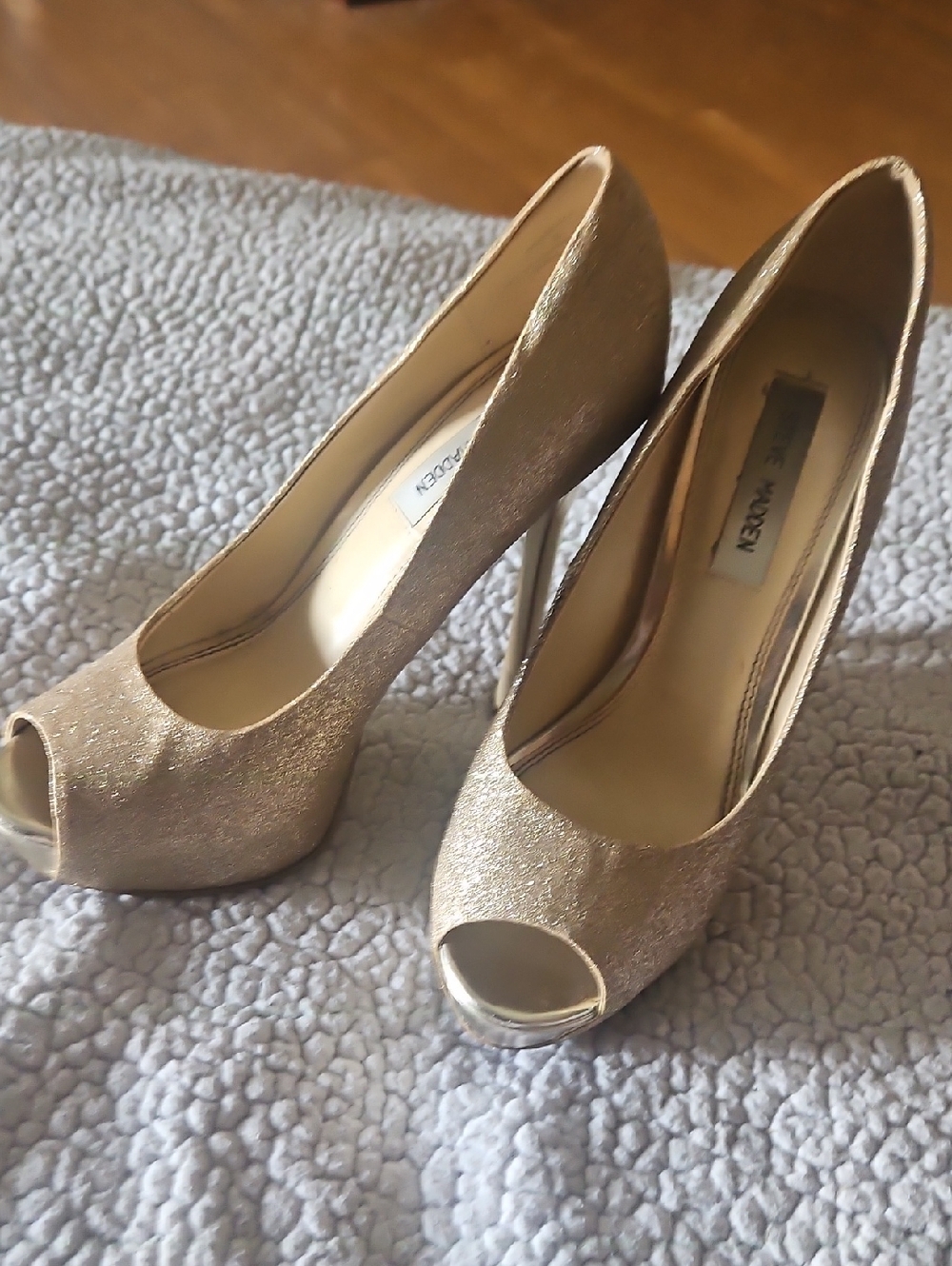 Steve Madden "Scandall" Gold Glitter Peep Toe Stiletto Heels